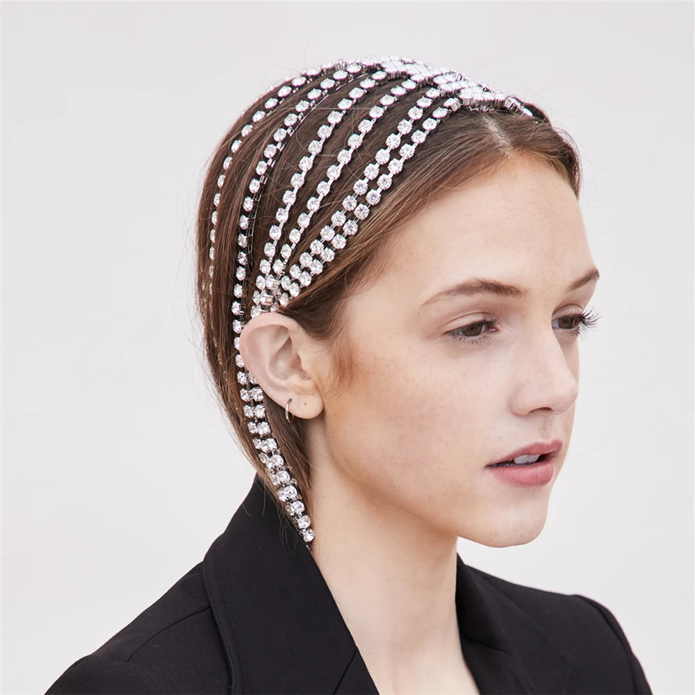 Trendy Rhinestone Hair Accessories Chain for Women Wedding Jewelry Elegant Full Crystal Tassel Hairbands Long Chain Headwear