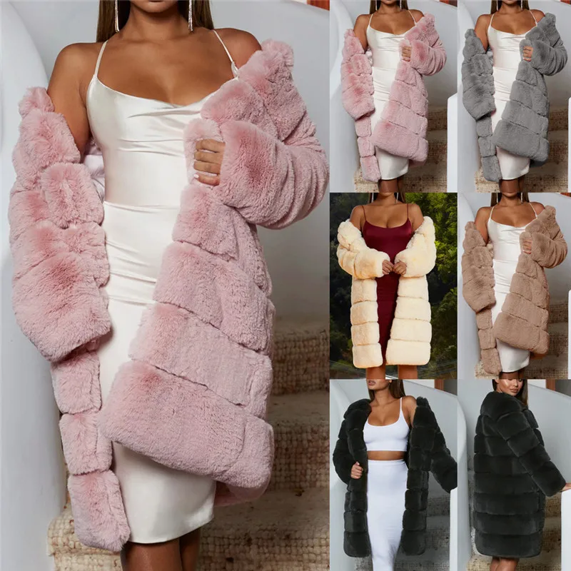 Женское зимнее пальто длинное пальто из искусственного меха кролика женские закрытые пуговицы лоскутный мех куртка верхняя одежда женское пальто из искусственного меха лисы