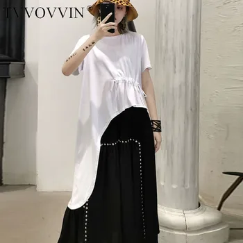 

Loose White Black T Shirt Irregular 2020 Spring Irregular Pullover Drawstring Small Fresh Casual Style Pleated Tee DMY3865