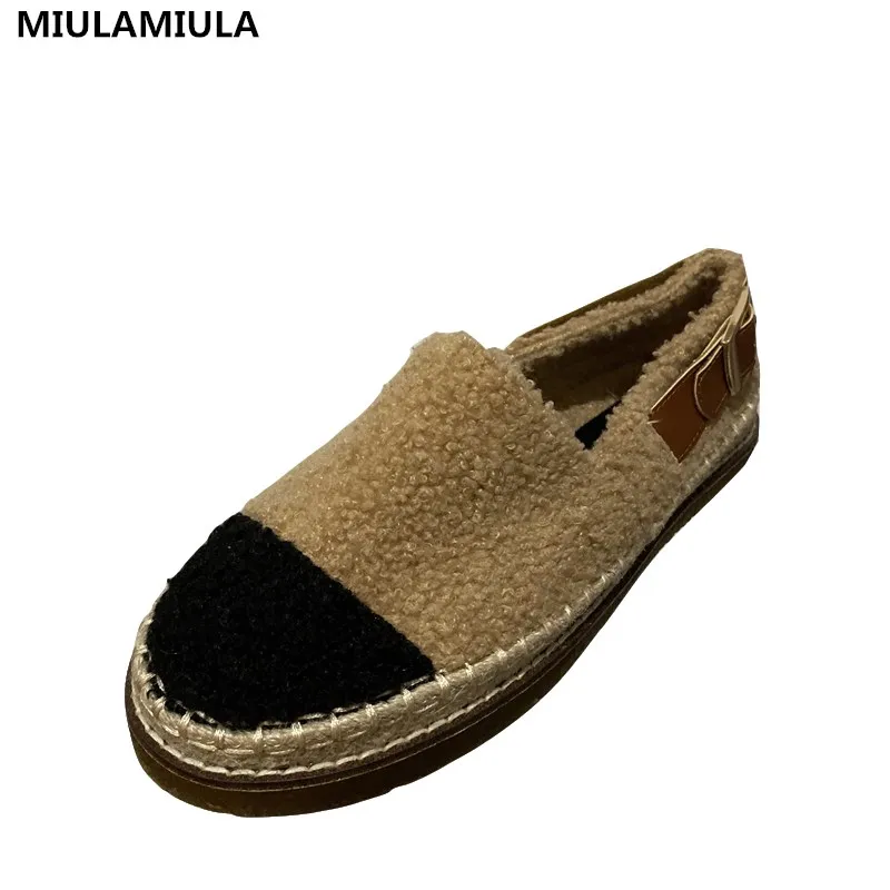MIULAMIULA/брендовая дизайнерская обувь; коллекция года; Сезон Зима; Новинка; роскошная кожаная обувь с ремешком; мягкая теплая плюшевая обувь на плоской подошве; Рыбацкая подошва из пеньки; Лоферы без застежки