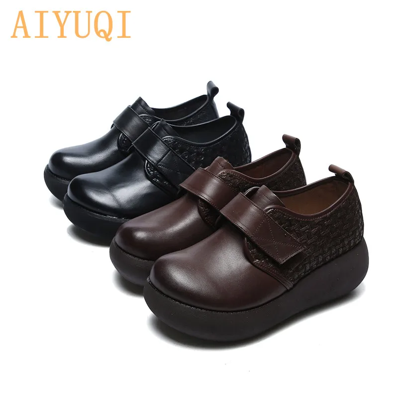 Genuine Leather Women's Shoes 2020 New Spring Fashion Retro Women's Singles Shoes Wedge Heel Platform High heel Shoes Ladies