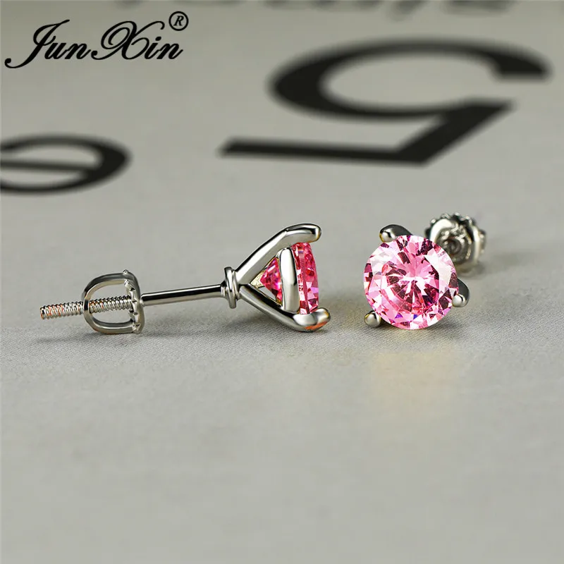 Pink Earrings Изящные женские и мужские 6 мм маленькие круглые серьги 925 серебро Цвет Черный Синий Зеленый Красный камень кристалл свадебные серьги гвоздики для женщин - Окраска металла: Pink Earrings