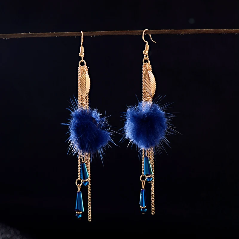 

TopHanqi Luxury Boho Blue Pompom Long Tassel Dangling Earrings For Women Statement Tribal Feather Earring Accessories Jewelry