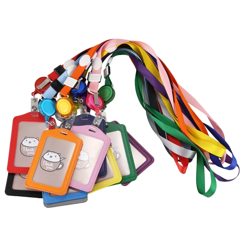 

10 Pieces Vertical Style Leather Business ID Badge Card Holder with 10 Pieces Retractable Lanyard Neck Strap Band