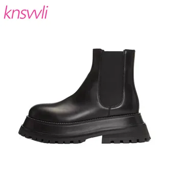 

New Thick Sole Short Boots Women Round Toe Platform Shoes Woman Genuine Leather Chelsea Boots Flat Casual Motorcycle Boots Woman