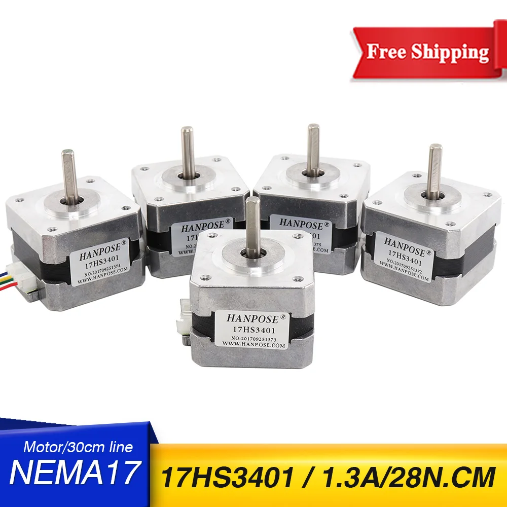 

Free Shipping 5pcs Nema17 17HS3401 4-lead Nema 17 Stepper Motor 42 motor 42BYGH 1.3A CE ROSH ISO CNC Laser Grind Foam Plasma Cut