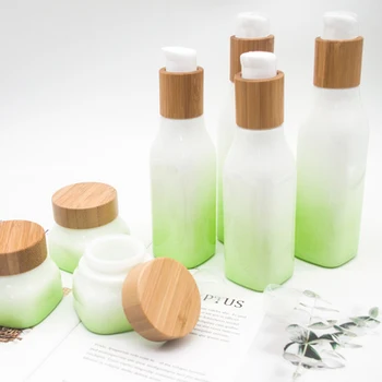 

Bamboo lotion caps Cosmetic containers glass bottle jar set empty square pump bottles 40ml 100ml essential oil face eye cream