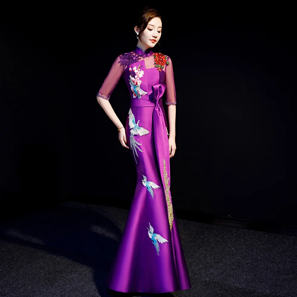 

Embroidery Animal Cheongsam Chinese Traditional Half Sleeve Slim Qipao Women Pulpre Prom Full Length Dress Mermaid Vestidos