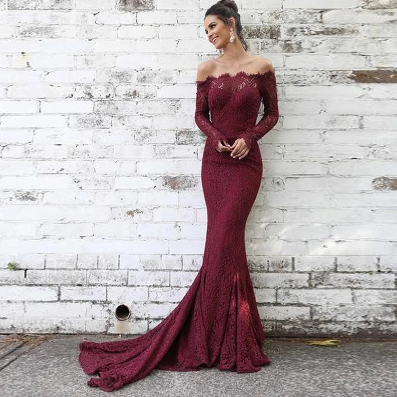 Vestidos De Gala, кружевное длинное платье русалки с длинным рукавом для выпускного вечера,, сексуальные вечерние платья со шлейфом и открытыми плечами, Vestido Formatura