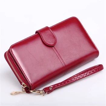 

Women's Long Wallet Luxury Oil Wax Leather Ladys Money Bag Hasp Phone Purse Handbag Female Card Holder Zipper Clip Buckle Wallet