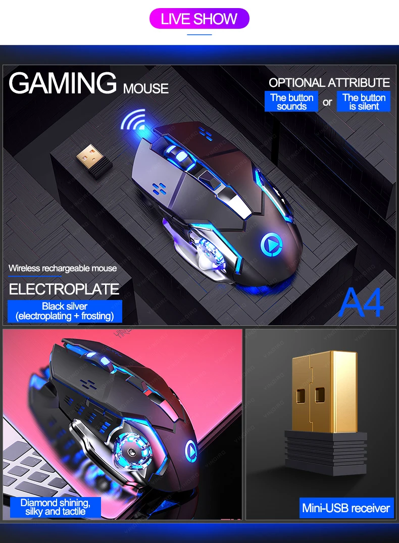 Wireless 2.4G Rechargeable Gaming Mouse, Business Home Office Silent PC Laptop Mouse, Pink Blue Glowing Mouse Gamer wired computer mouse