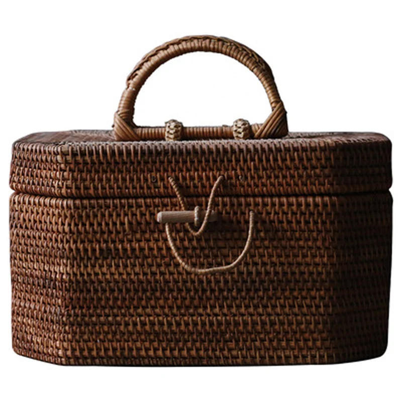 Woven Storage Chests with Lid and Button, Hand- woven Rattan, Desktop Storage Box Basket, Kung Fu Teaware,Tea Ceremony Accessory