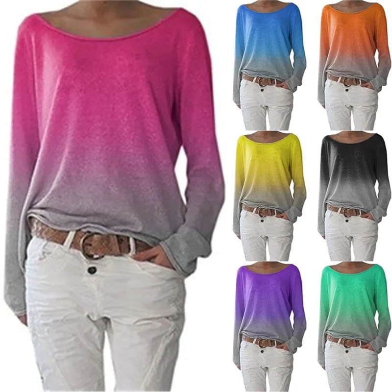 

7 Colors Women Gradient Printed Round Color Long Sleeve Street Style Loose Plus Size T-shirt