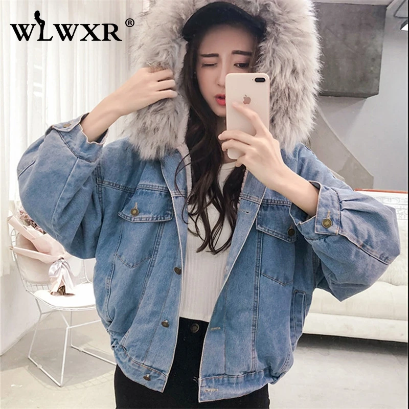 

WLWXR Fleece Denim Women Jackets and Coats 2019 Oversized Jacket Jeans Women Outwears Harajuku Fall Cropped Ladies Jacket Female
