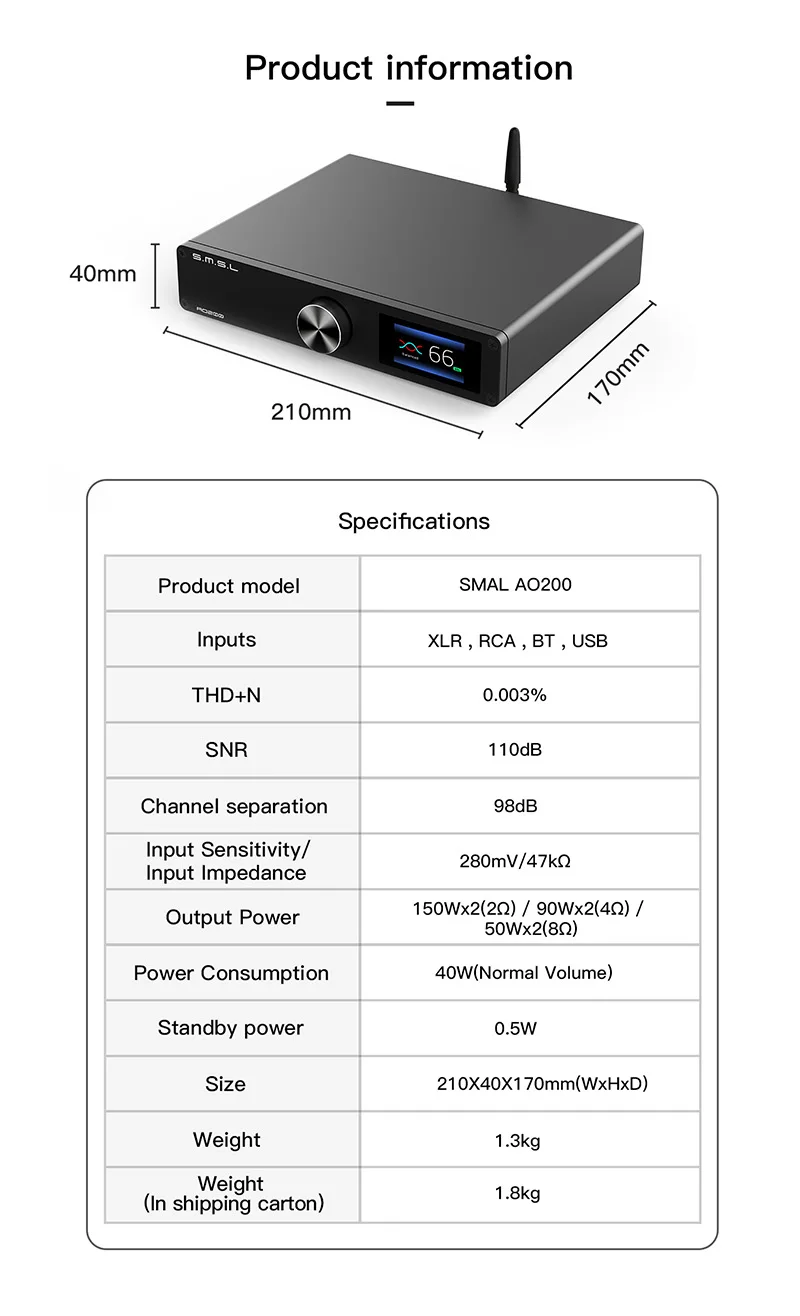 SMSL AO200 digital amplifier bluetooth 5.0 balanced input USB decoding XLR speaker output subwoofer preout 150W*2 hifi amp