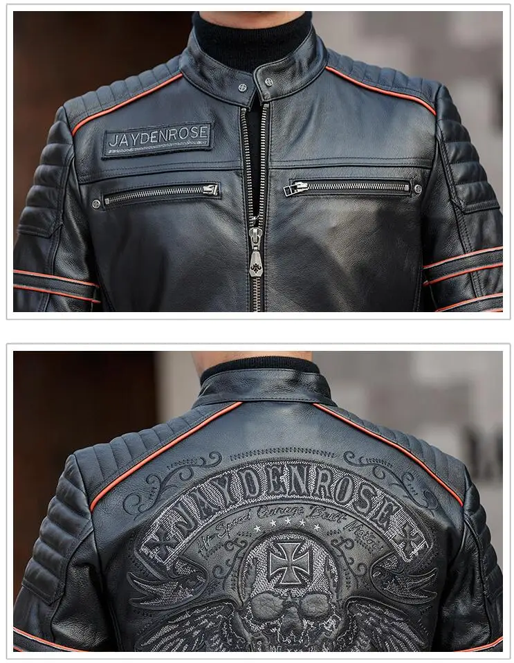 Мужская черная кожаная мотоциклетная куртка с вышивкой в виде черепа из настоящей толстой воловьей кожи, облегающая куртка XXXXL, русская кожаная куртка