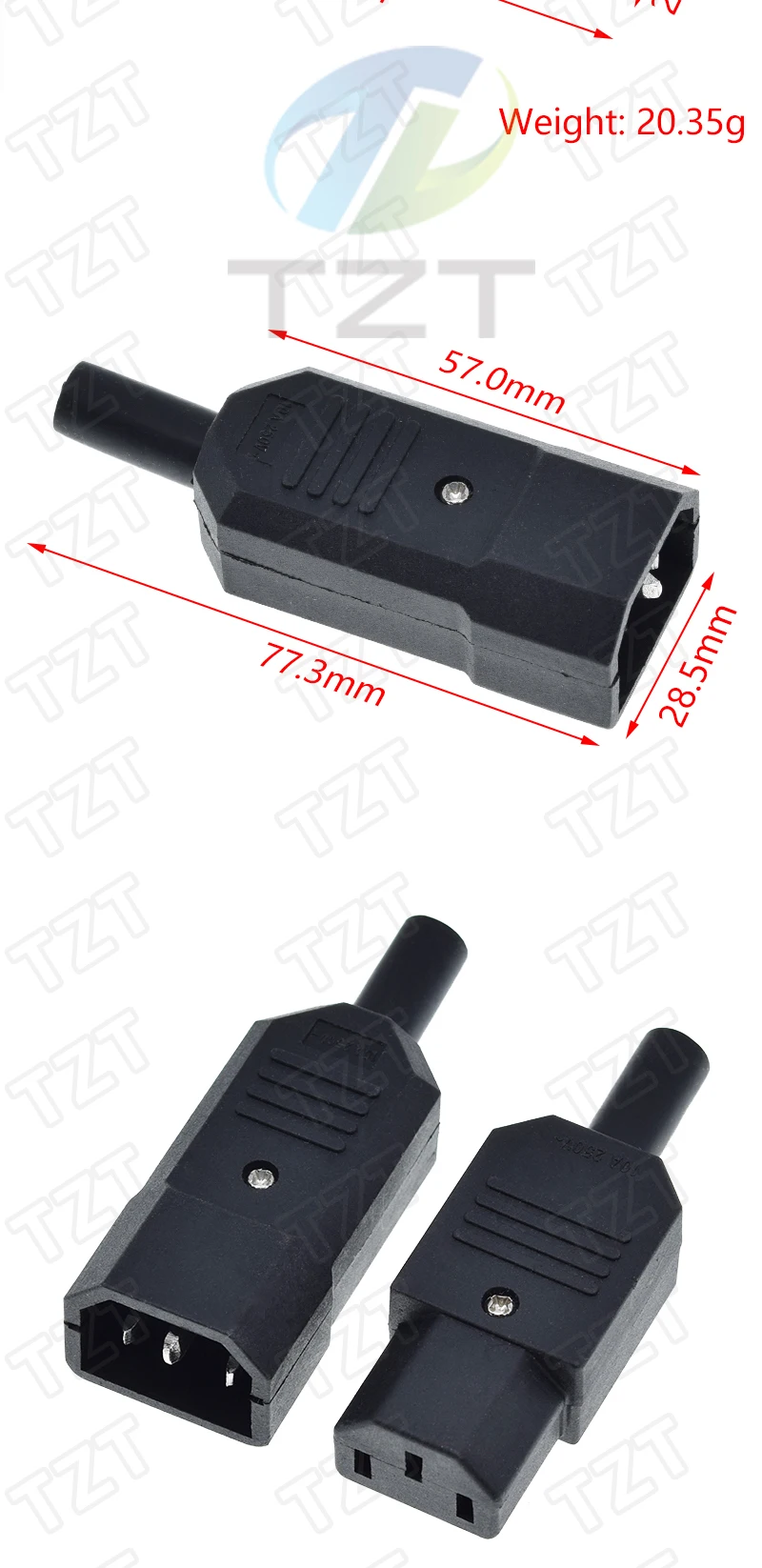 1/3 Stück IEC-Kabelstecker, gerade, C13, C14, 10 A, 250 V, schwarz, Buchse und Stecker, wiederverdrahtbarer Stromanschluss, 3-polige AC-Buchse – Detail 2