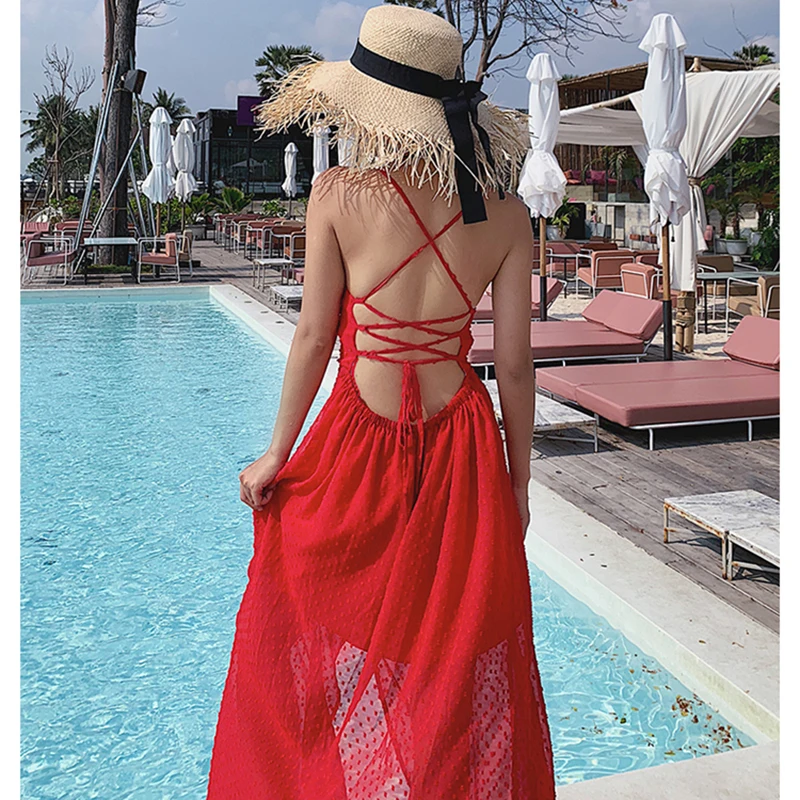 Women Maxi Red Backless Straps Dress Elegant Summer Casual Vacation Tropical Long Beach Dress Vintage Korean Runway 2020 Vestido