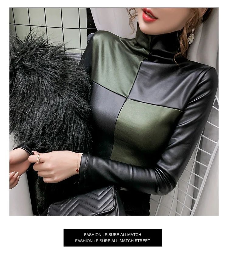 Autumn Plus size women blouse fashion patchwork colors turtleneck pullovers bottoming shirt velvet soft PU leather blouses tops satin shirts for women