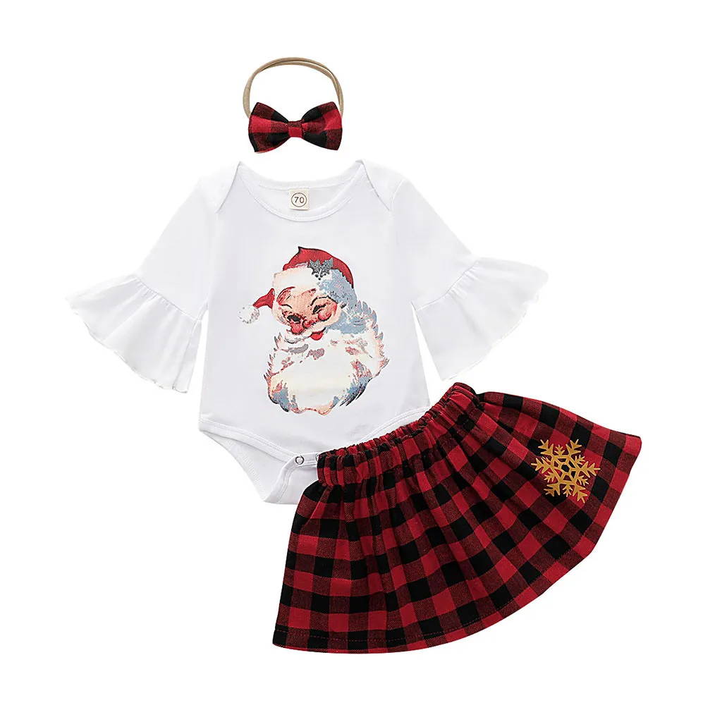 Детский комбинезон с рождественским принтом Санты для маленьких девочек, клетчатые юбки, повязка на голову, наряды, платье с рукавами-крылышками и рисунком Санта-Клауса