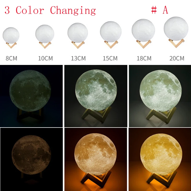 1PC 3D Print Moon Lamp Rechargeable 16/2 Color Change Touch Night Light Lunar Luna Baby Nightlight Christmas Home Decor 8-20cm