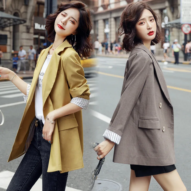 

2019 Autumn Loose-Fit Mid-length Long Sleeve Double Breasted Contrast Color Joint Small Suit Coat Qrmq3131