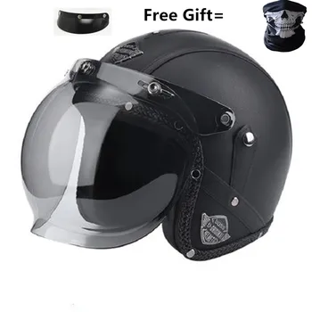 

Free shipping PU Leather Helmets 3/4 Motorcycle Chopper Bike helmet open face vintage motorcycle helmet with goggle mask