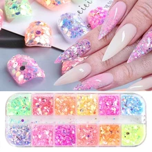 

12 Grids Mermaid Hexagon Nail Glitter Powder Holographic 3D Fashion Sparkly Paillette Flakes Shining Nail Art Sequins Nail Decor