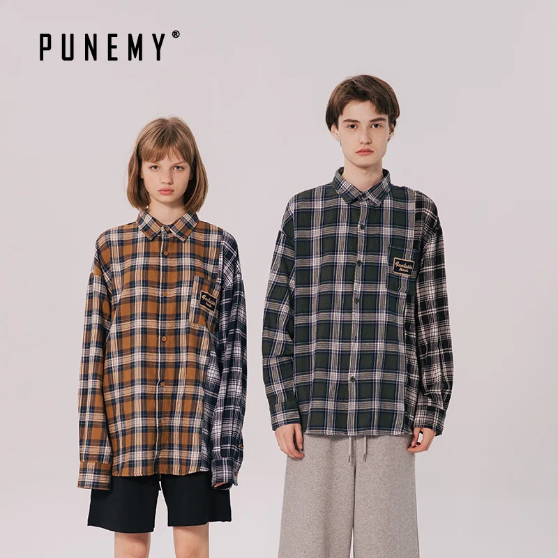 Уличная Ретро Мужская рубашка клетчатая Лоскутная винтажная хип хоп Харадзюку