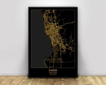 

Jeddah Saudi Arabia Black&Gold City Light Maps Custom World City Map Posters Canvas Prints Nordic Style Wall Art Home Decor
