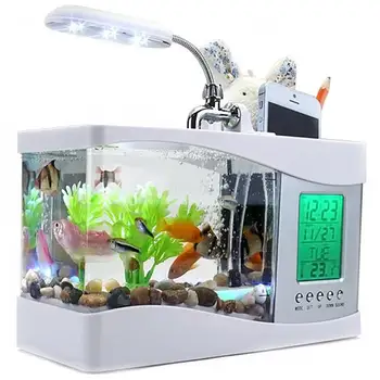 

Aquarium Black/ White USB Mini Aquarium Fish Tank Aquarium with LED Lamp Light LCD Display Screen Clock Fish Tank Aquarium