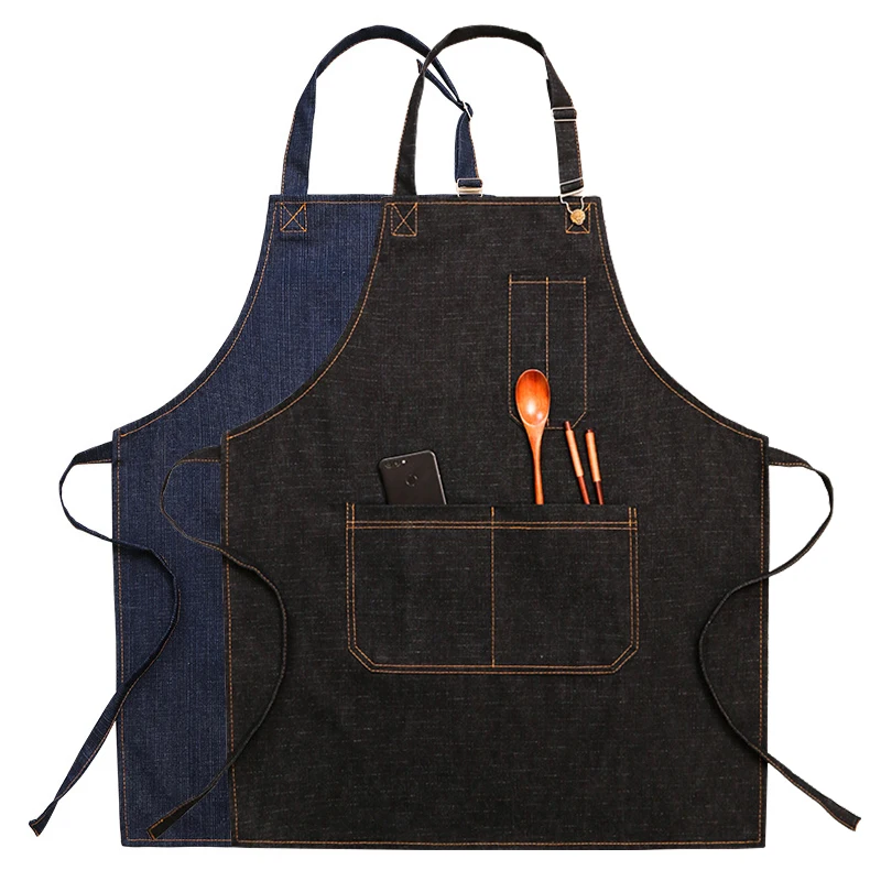

Solid Denim Hairdresser Apron Canvas Master Apron For Kitchen Accessories House Cleaning Cooking Baking Pocket Coffee Pinafore