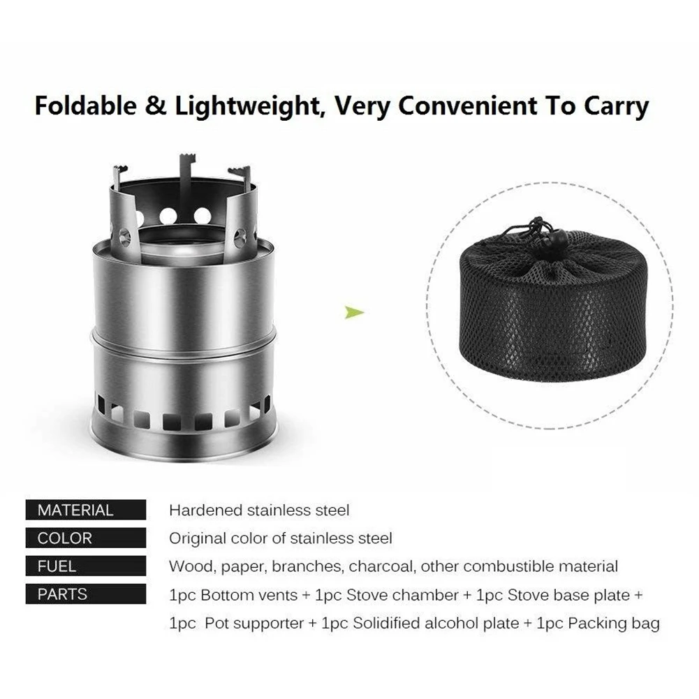 Barbecue Cooking Portable Burner Pocket Folding Stove Detachable Stainless Steel Hiking Camping Wood Alcohol Fishing Backpacking