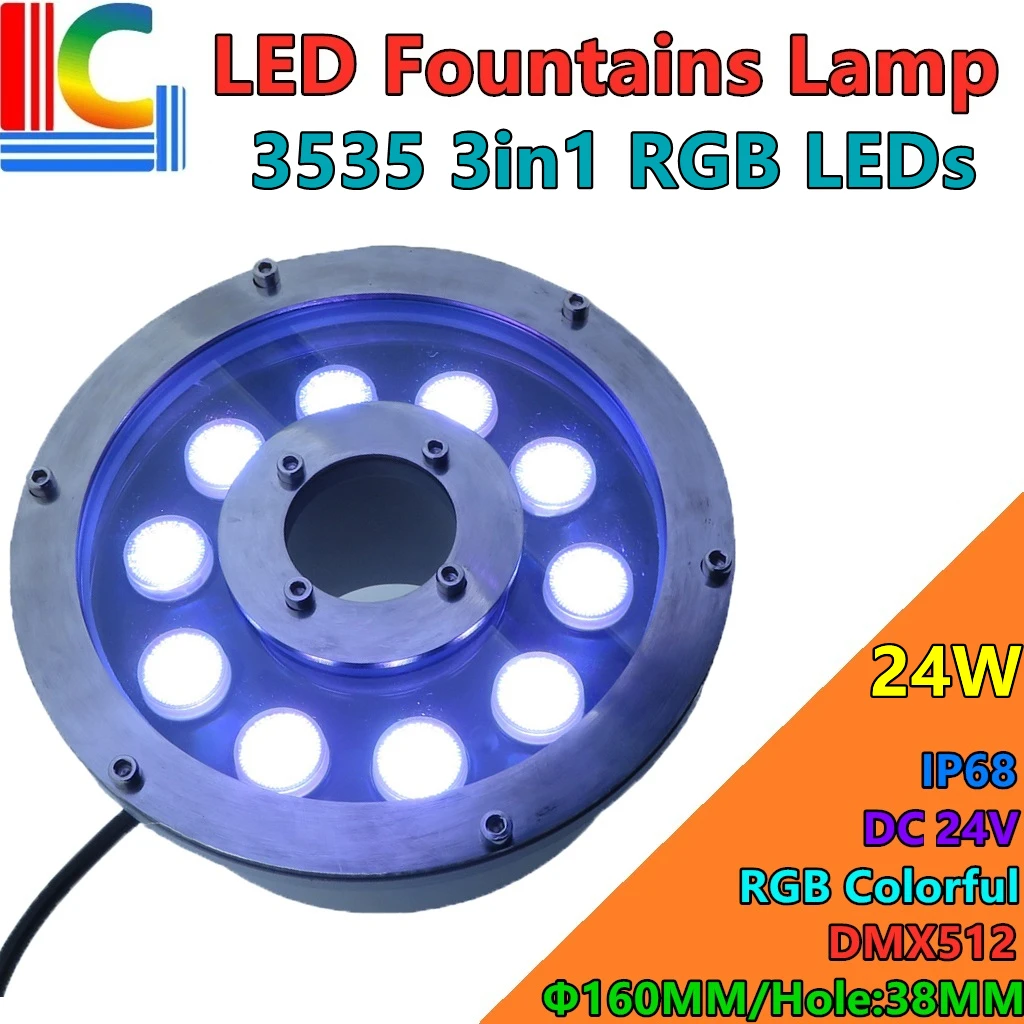 

24W LED Fountain Lamp 24V IP68 Round Underwater Lights DMX512 RGB Colour Swimming Pond Lamps 3535 3in1 LED Pool light