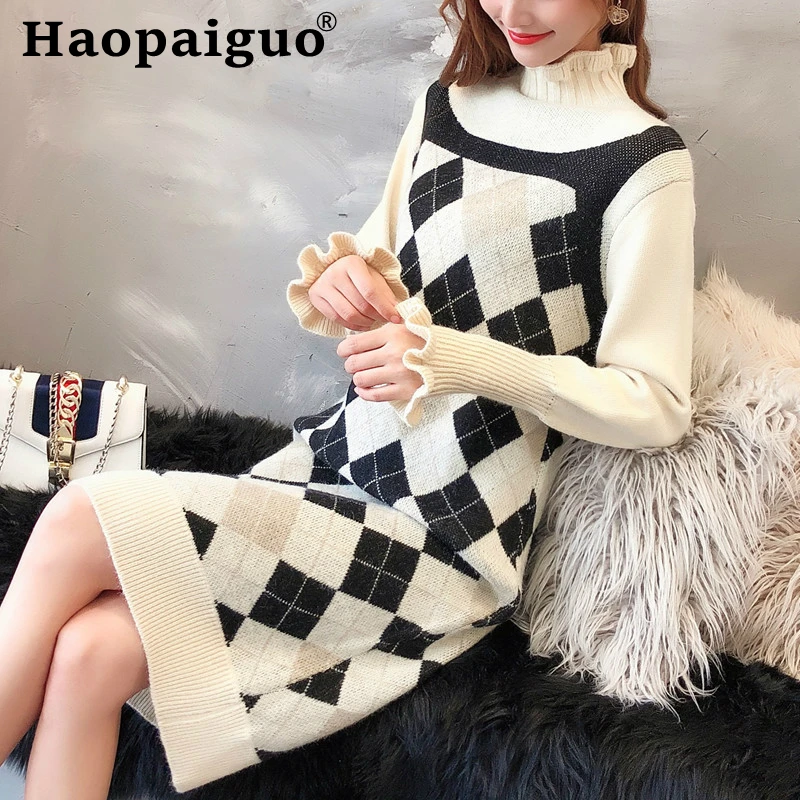 

Korean Modis Autumn Dress Women Long Sleeve Good Elastic Sweater Dress Women Print Plaid Harajuku Dress Ladies Dropshipping Robe