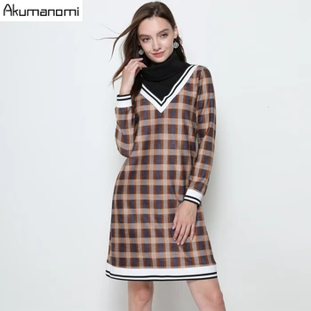 

Autumn Spring Plaid Dress Women Plus Size 5xl Turtleneck Long Sleeve Casual Party Office Mini Dress Vestido Robe Femme Sukienki