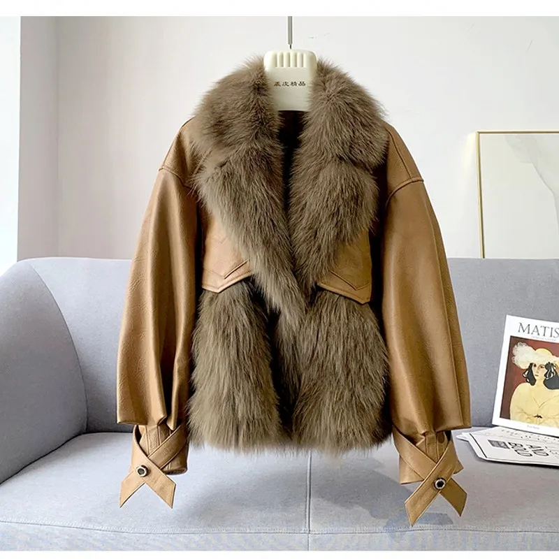 

2020 New Real Gold Island Fox Fur Jackets With Genuine Sheep Leather Fashion Overcoat Locomotive style Natural Fox Fur Coats