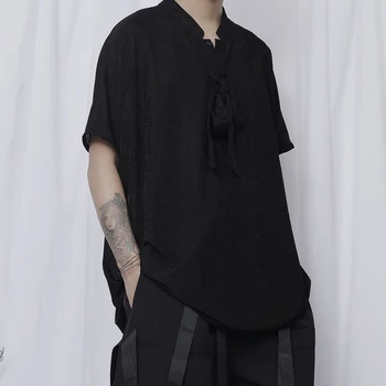 

EWQ / men's wear japan style balck T-shirt niche design short-sleeved Jacquard tee tops male's large size loose clothes 9Y2539