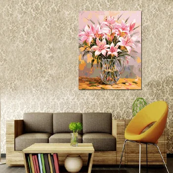 

DIY Lily Oil Painting Framed Fill Colored Hand-painted Wall Art Home Decoration Flowers Pictures Painting Living Room Decoration