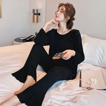 

Autumn New Ladies Pure Color Long Sleeve Suit Pajamas Simple Natural Loose Casual Home Wear Lace Decoration Black Sleepwear