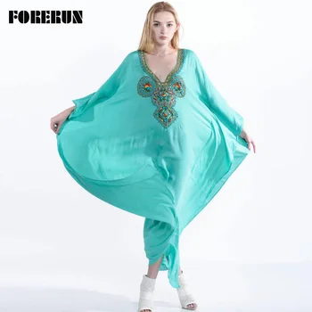 

FORERUN Long Kaftan Beach Dress Summer Saida De Praia Bikini Cover Up Mint Green Embroidery Dresses Cotton Pareos De Playa Mujer