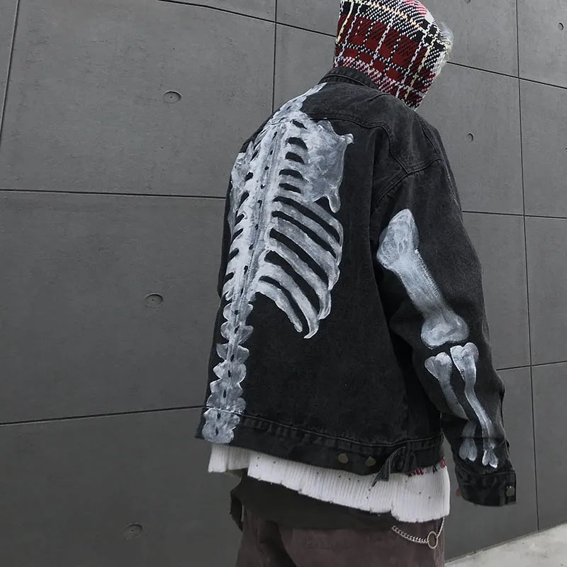 KIOVNO Men Skeleton Bone Graffiti Denim Jackets Coats Hip Hop Printed Streetwear Jeans Jackets Outwear For Male Size M-XL (6)