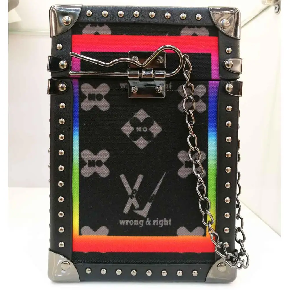 Box Handbag-Black Роскошный красный коробка Ривет деним печати металлических замочно-Для женщин Сумочка на плечо на цепочке, сумки, женские сумочки F6690 - Цвет: Box Handbag-Black