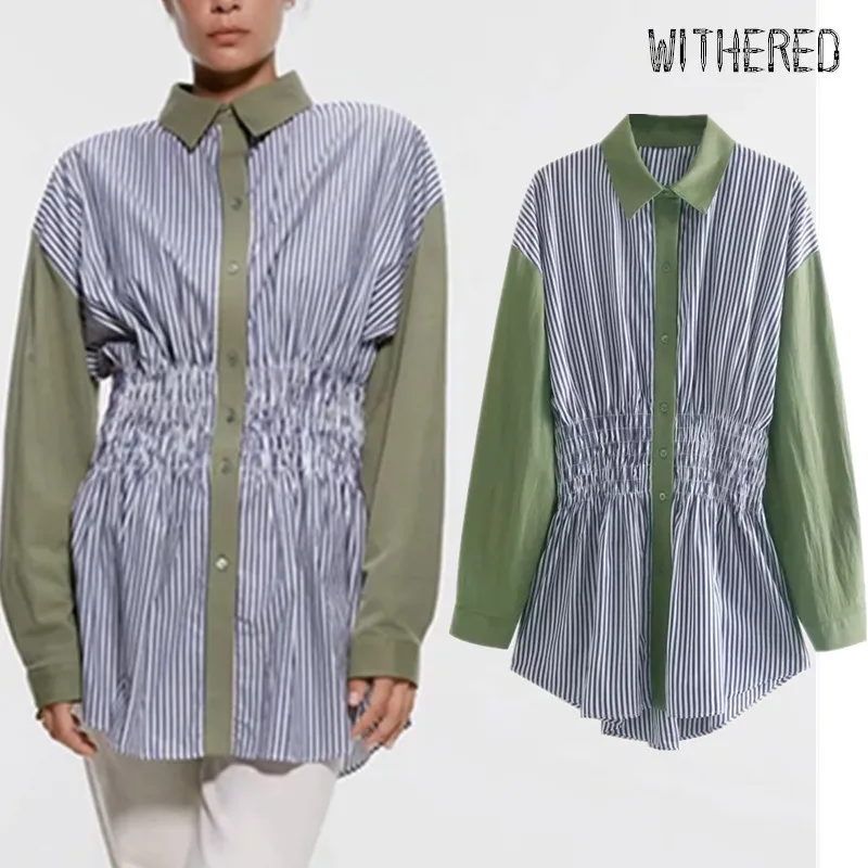 

Withered autumn blouse women england vintage patchwork striped collect waist blusas mujer de moda 2019 long shirt womens tops
