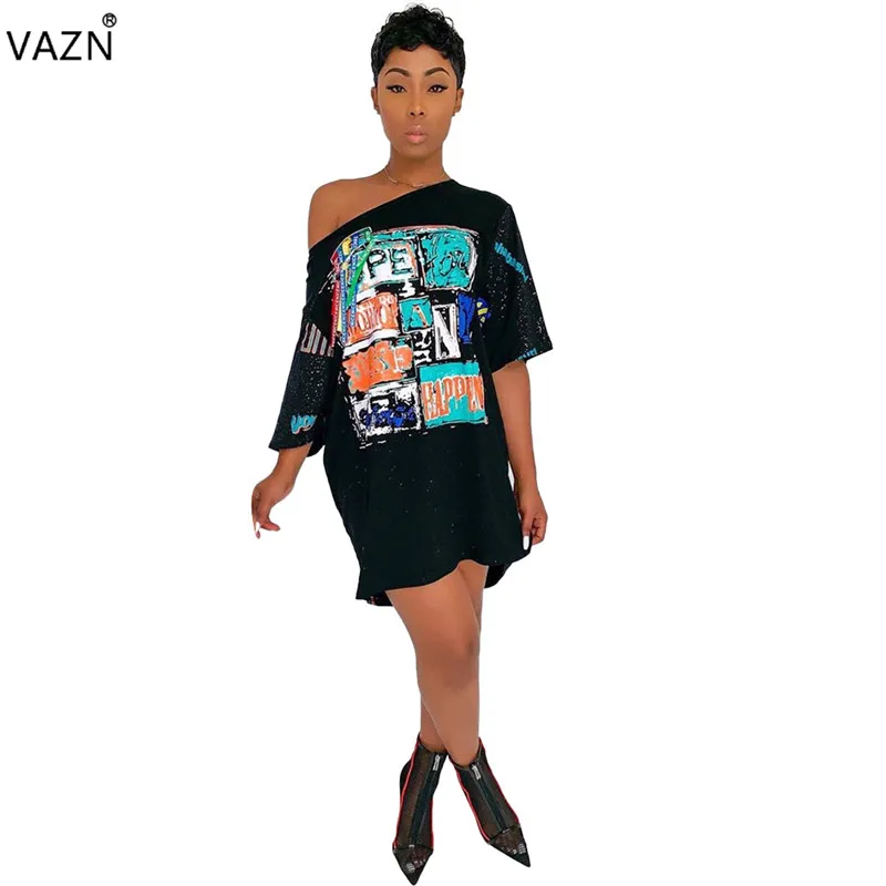 VAZN YH5060 Hot Nature High Street Young Lazy Casual Free Soft Fashion Black Energy Half Sleeve Women Straight Midi Dress - Color: Black