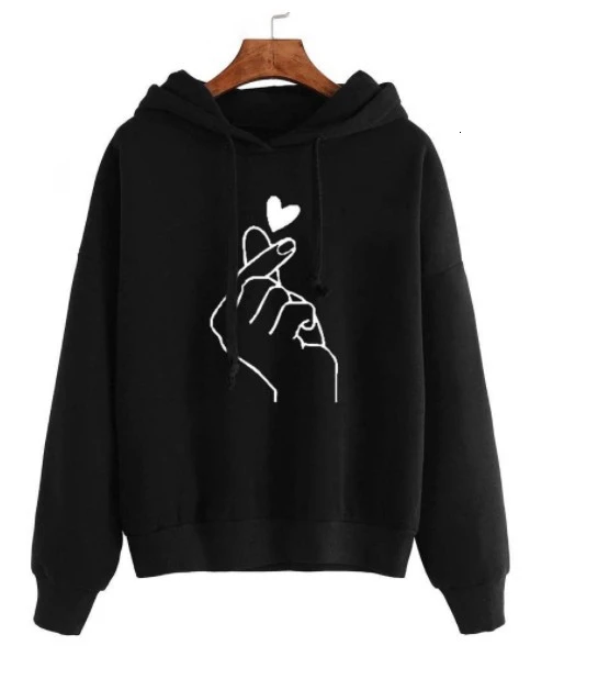 Kopen Azië 5XL Vrouwen Hoodie Sweatshirts Hart Vinger Patroon Trekkoord Lange Mouwen Geribbelde Manchetten Casual Dunne Trui Lady Hooded Tops