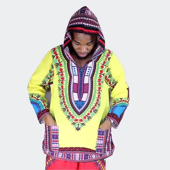 

Dashiki Shirt African Yellow and Red Muslim t-shirt Long Sleeve 100% Cotton tops with Hood