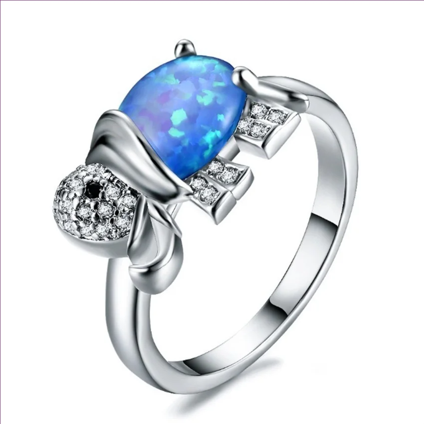 Silver Plated Elephant Shape 2 Colors Opalite Opal Finger Ring with Rhinestone for Party Gift Animal Jewelry | Украшения и