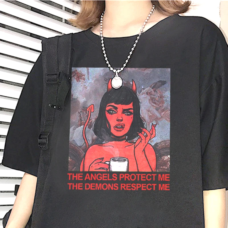 

THE ANGELS PROTECT ME THE DEMONS RESPECT ME print T-shirt chic Harajuku vintage BF large size loose top women's fashion T-shirt