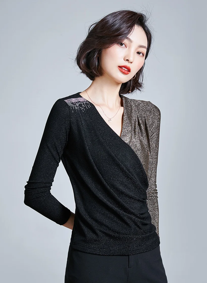 Blusas mujer de moda Осенняя Сетчатая футболка с длинным рукавом модная повседневная Лоскутная Женская футболка с v-образным вырезом Топы и рубашки blusas